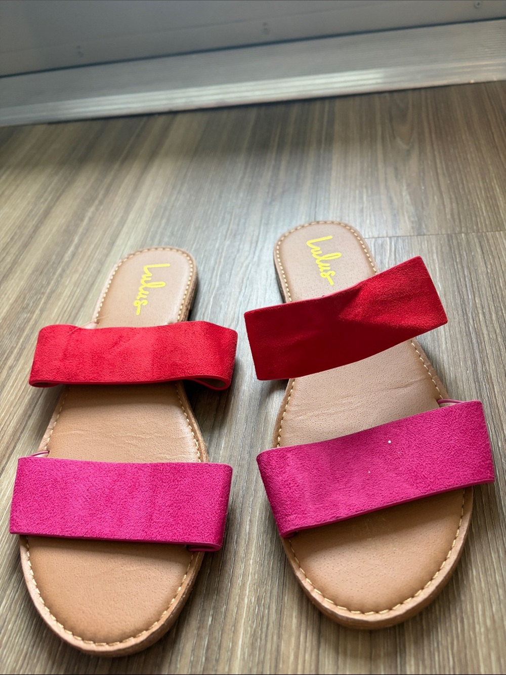 Lulu's Pink and Red Two-Band Slide Sandals
